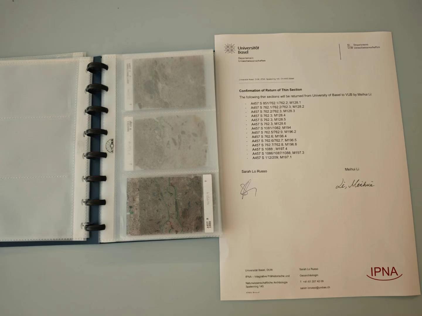 Folder with thin sections and signed return confirmation sheet