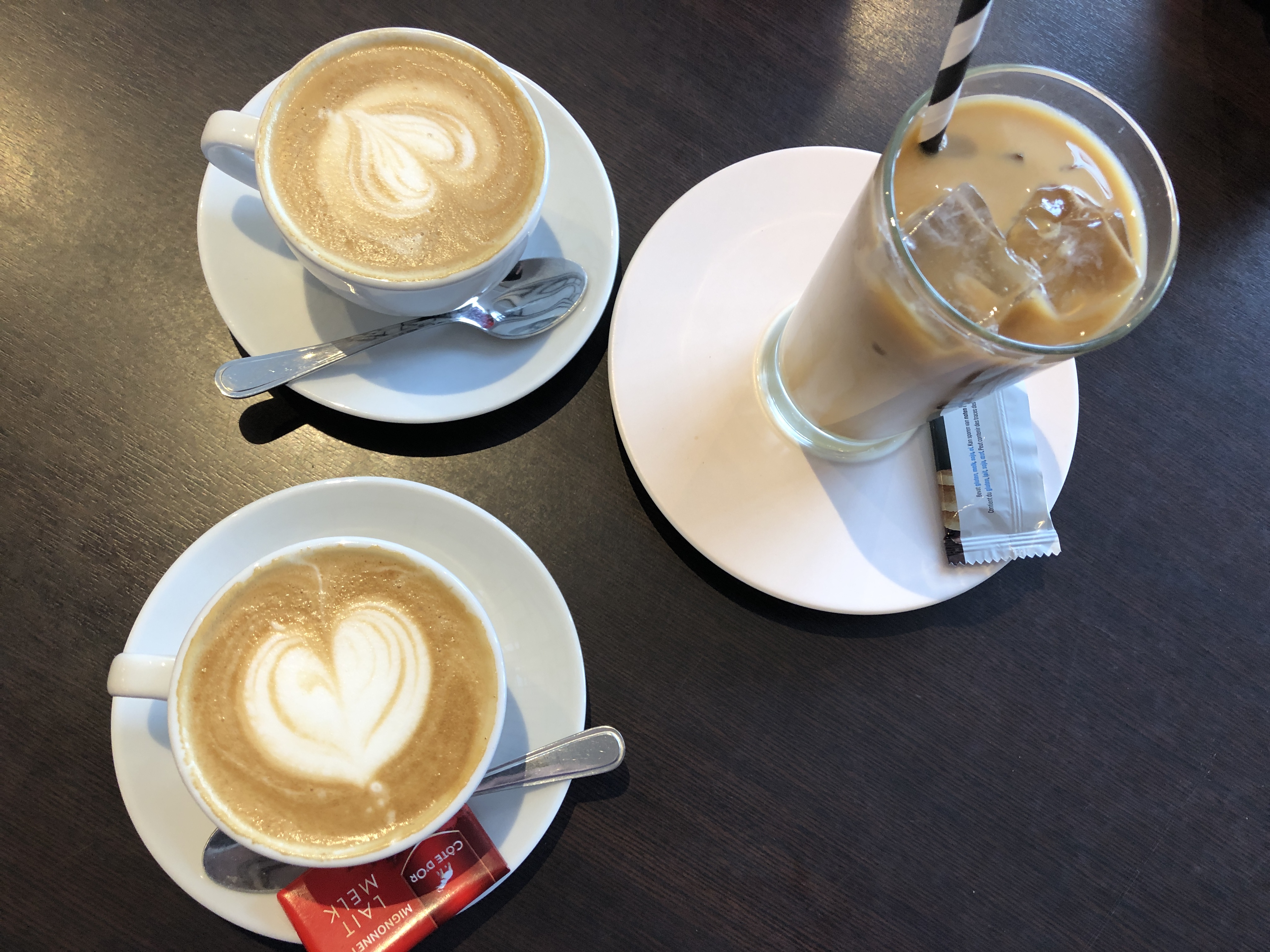 Two cappuccinos and an iced coffee on a lab break