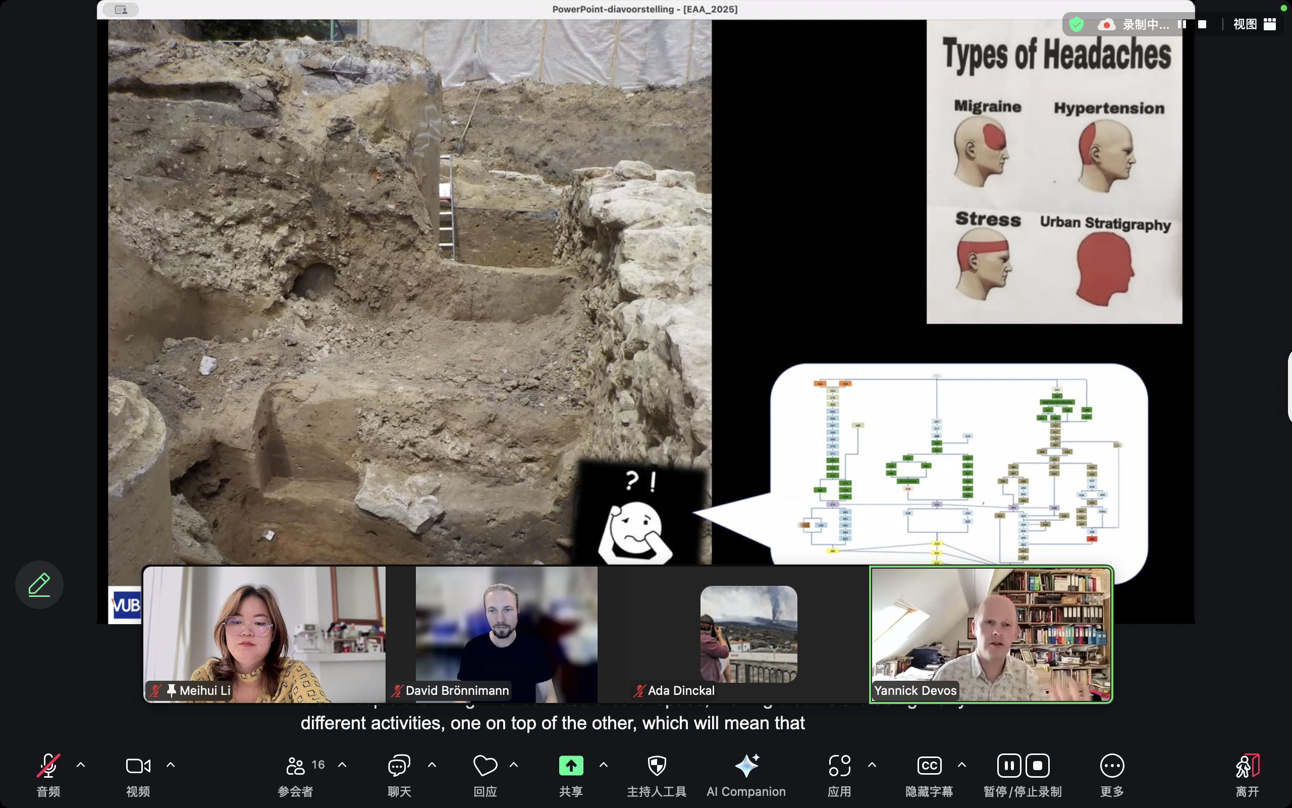 Zoom talk slide with urban excavation photo and stratigraphy diagram